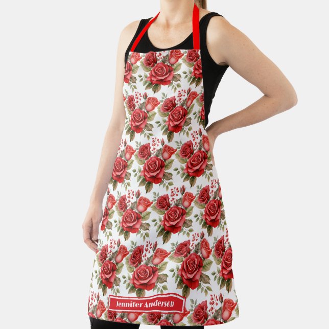 Red Roses Elegant Floral  Apron (Insitu)