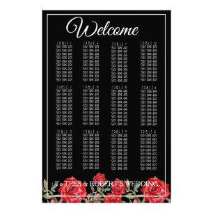 Red Roses Elegant Floral Black Seating Chart Print