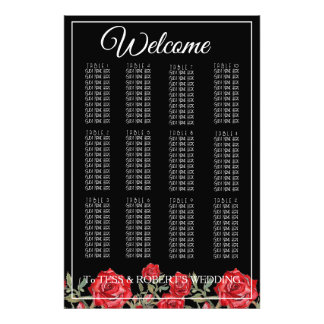 Red Roses Elegant Floral Black Seating Chart Print