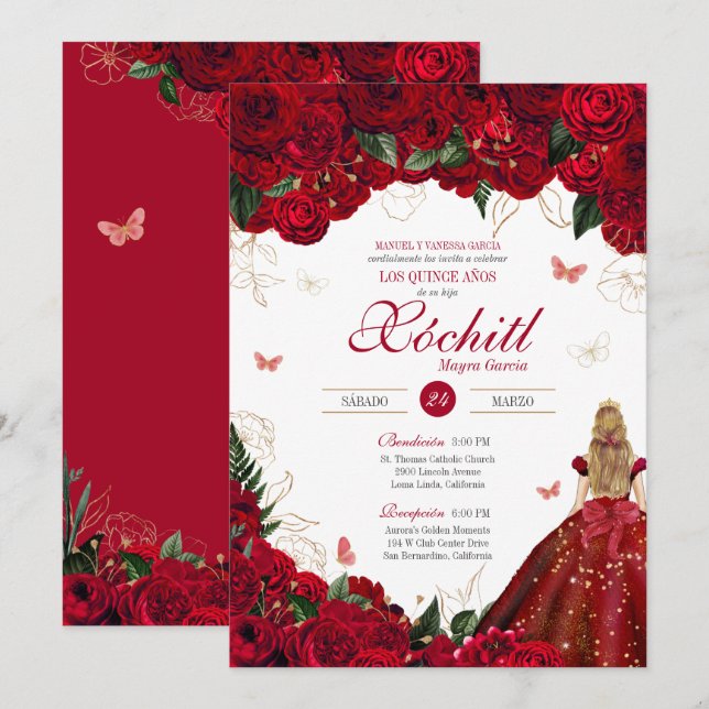 Red Roses Elegant Floral & Butterfly Quinceanera Invitation (Front/Back)