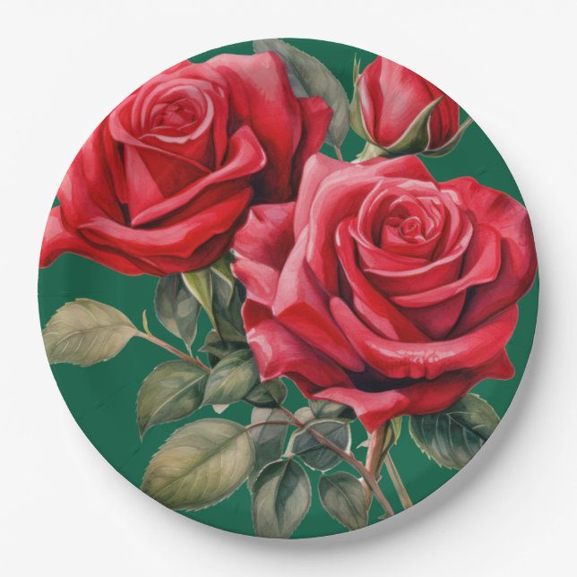 Red Roses Elegant Wedding Paper Plate (Front)