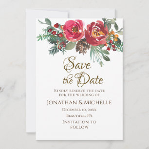 Red Roses Evergreen Winter Christmas Wedding  Save The Date
