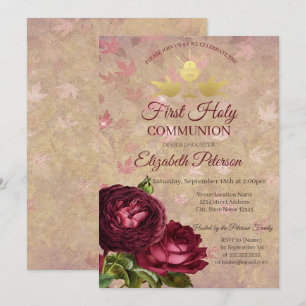 Red Roses Falling Leaves First Holy Communion   Invitation