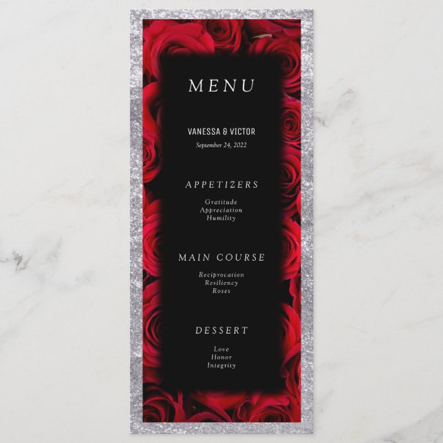 Red Roses Faux Silver Black Luxury Wedding  Menu (Front)