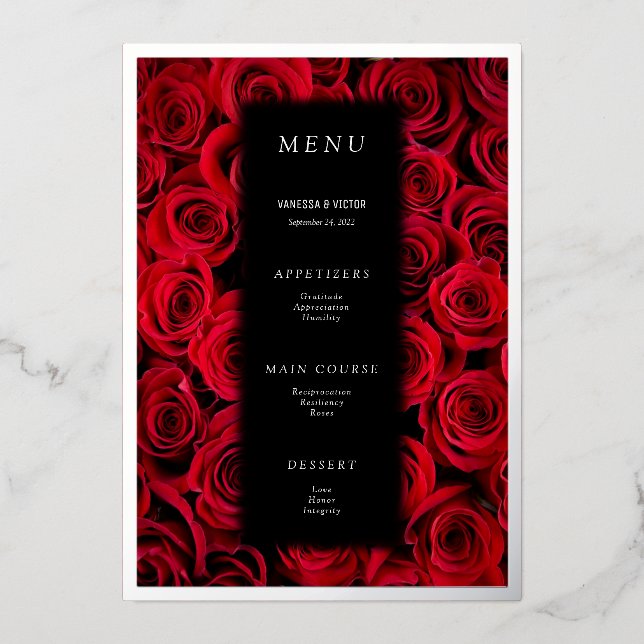 Red Roses Faux Silver Black Luxury Wedding Menu (Front)