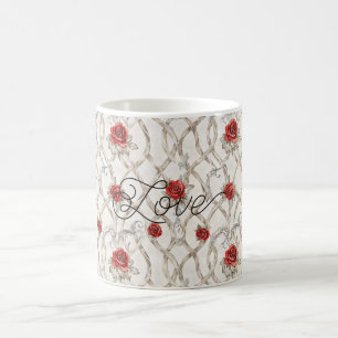 Red Roses Faux Wood Floral Love Coffee Mug