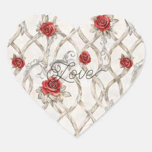 Red Roses Faux Wood Floral Love Heart Sticker