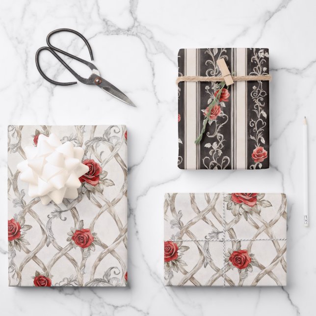 Red Roses Faux Wood Floral Wedding Wrapping Paper Sheet (Front)