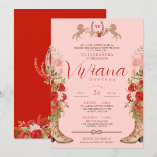 Red Roses Floral Boots Western Charra Quinceanera  Invitation