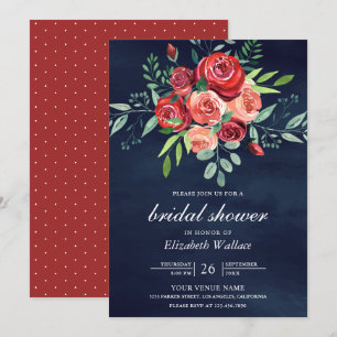 Red Roses Floral Bouquet Navy Blue Bridal Shower Invitation