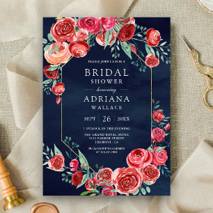 Red Roses Floral Bouquet Navy Blue Bridal Shower Invitation