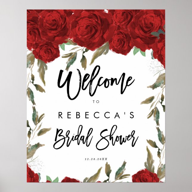 red roses floral bridal shower welcome sign (Front)
