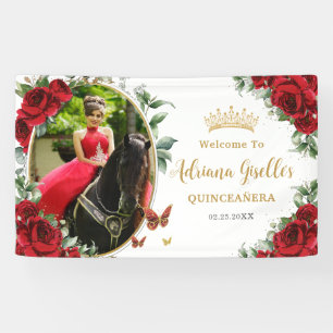 Red Roses Floral Butterflies Quinceanera Photo 15 Banner
