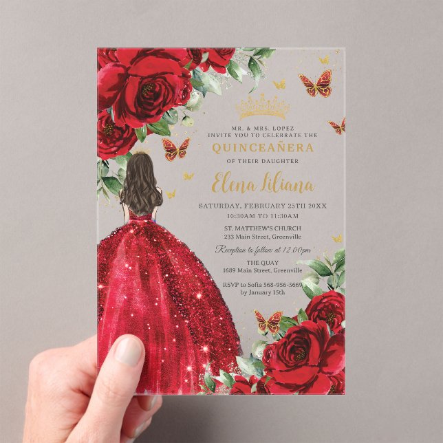 Red Roses Floral Butterflies Quinceañera Sweet 16 Acrylic Invitations (Insitu (Handheld))