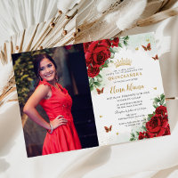 Red Roses Floral Butterflies Quinceañera Sweet 16 