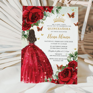 Red Roses Floral Butterflies Quinceañera Sweet 16 Invitation
