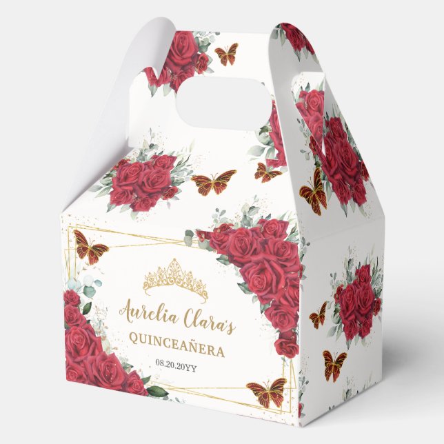 Red Roses Floral Butterflies XV 16 Birthday Gable Favor Box (Front)