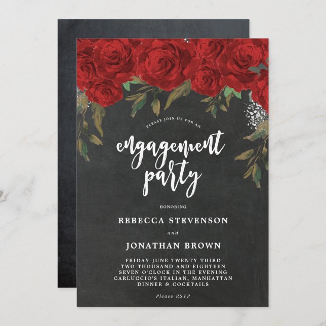 red roses floral chalk engagement party invitation (Front/Back)