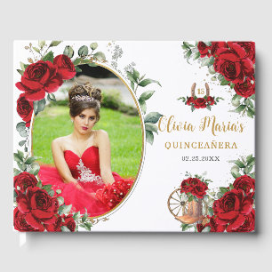 Red Roses Floral Charro Boots Quinceanera Photo Guest Book
