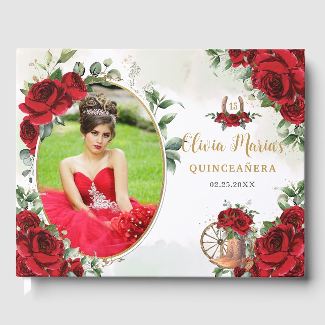 Red Roses Floral Charro Boots Quinceanera Photo Guest Book (Front)
