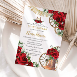 Red Roses Floral Charro Boots Sweet 16 Quinceañera Invitation