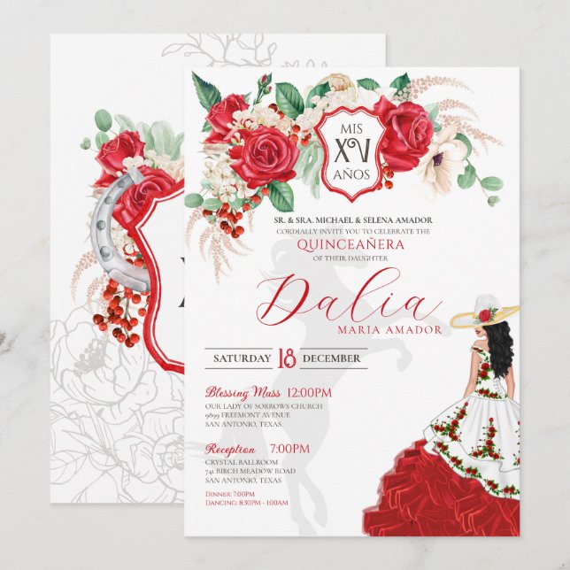 Red Roses Floral Crest Charro Western Quinceanera Invitation (Front/Back)