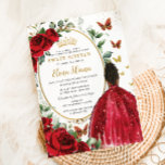 Red Roses Floral Dress Gold Quinceañera Sweet 16 Invitation<br><div class="desc">Personalize this pretty red floral Quinceañera / Sweet 16 birthday invitation easily and quickly. Simply click the customize it further button to edit the texts, change fonts and fonts colours. Featuring a girl dressed in a beautiful glittery red ball gown, vibrant red roses, butterflies and a gold trimmed oval space...</div>