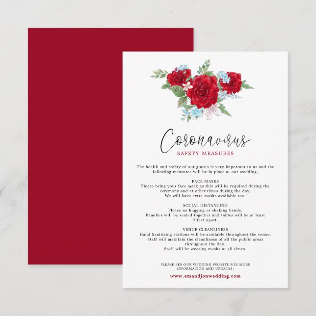 Red Roses Floral Elegant Script Coronavirus Safety Enclosure Card (Front/Back)