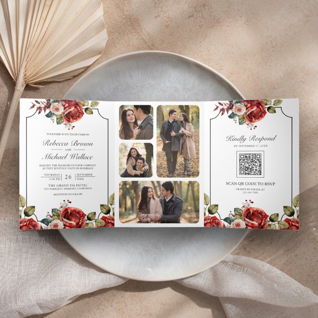 Red Roses Floral Frame All in One QR Code Wedding Tri-Fold Invitation (Creator Uploaded)