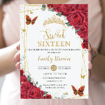 Red Roses Floral Gold Butterflies Sweet Sixteen Invitation<br><div class="desc">Personalize this beautiful red roses invitation card easily and quickly. Simply click the "Edit Using Design Tools" button to modify the text, wording, font style, font size, and font colour. You can also add or remove text, and move or remove images. The butterflies and crown are movable, resizable, duplicatable, and...</div>