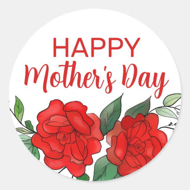 Red Roses Floral Happy Mother's Day  Classic Round Sticker (Front)