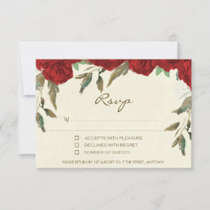 Red roses floral ivory wedding rsvp reply card