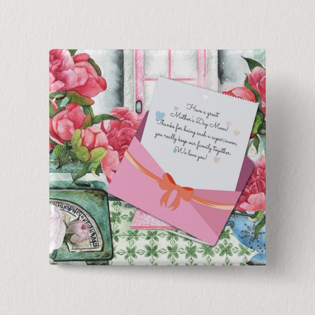 Red Roses Floral Letter Envelope Mother's Day 2 Inch Square Button (Front)
