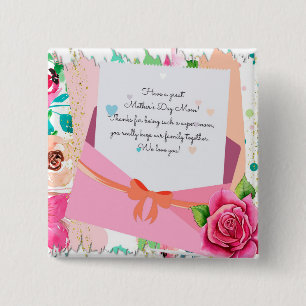 Red Roses Floral Letter Envelope Mother's Day 2 Inch Square Button