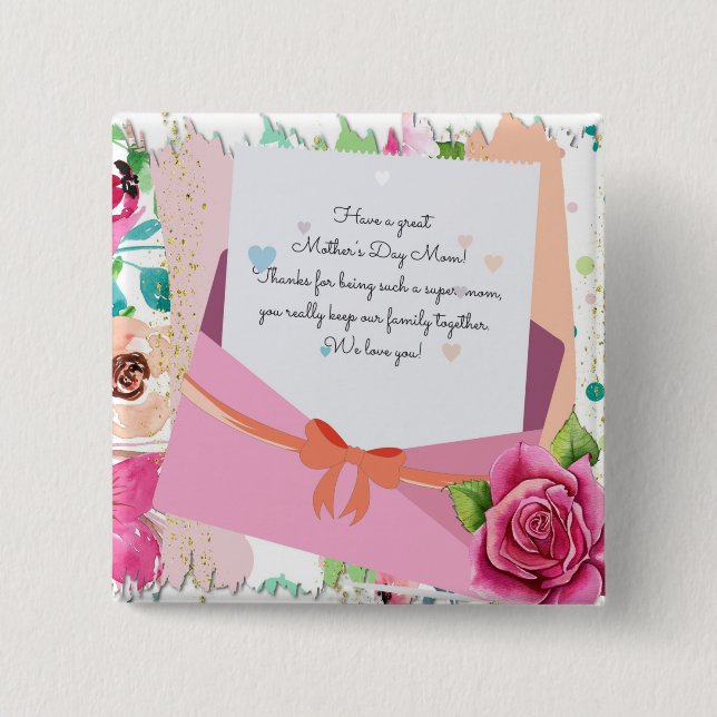 Red Roses Floral Letter Envelope Mother's Day 2 Inch Square Button (Front)