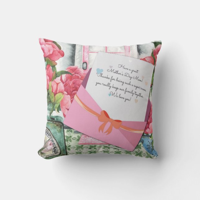 Red Roses Floral Letter Envelope Mother's Day Throw Pillow (Front)