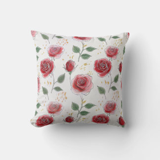 Red Roses Floral Line Art Pattern Throw Pillow