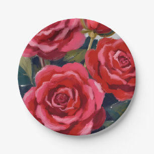 Red Roses Floral Painting Paper Plate