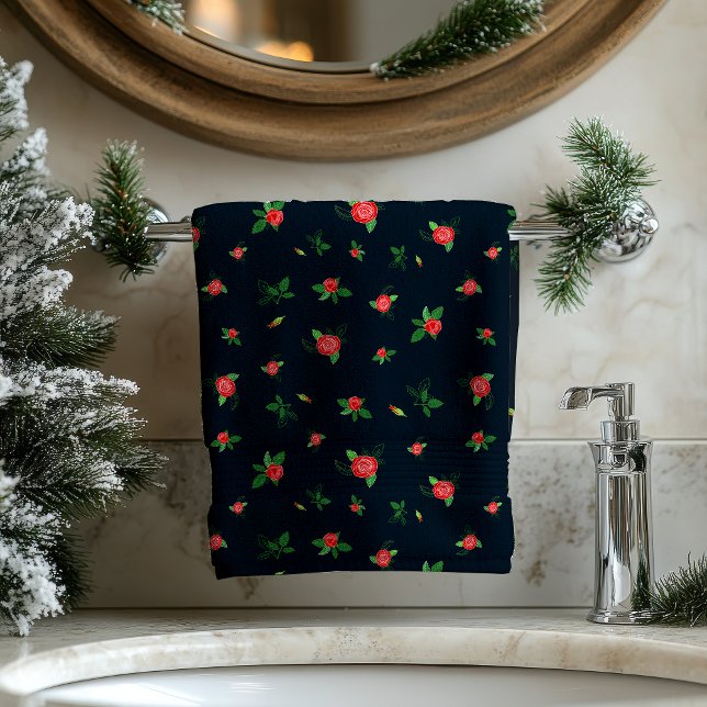  Red Roses Floral Pattern Black Elegant Bath Towel (Red Roses Flowers Pattern Black Bath Towel Set)