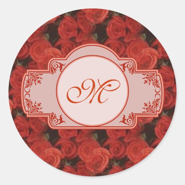 Red roses floral pattern customizable with initial classic round sticker (Front)