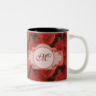 Red roses floral pattern customizable with initial Two-Tone coffee mug