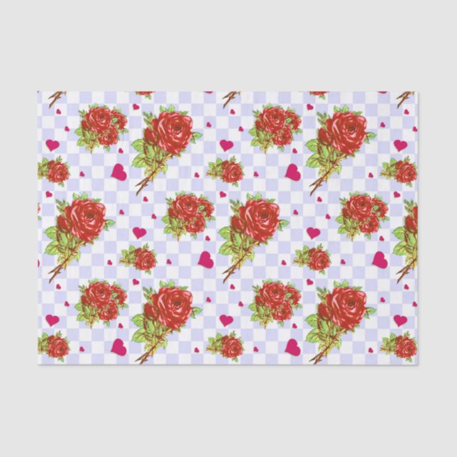 Red Roses floral pattern on lilac blue Checks Tissue Paper (Front)