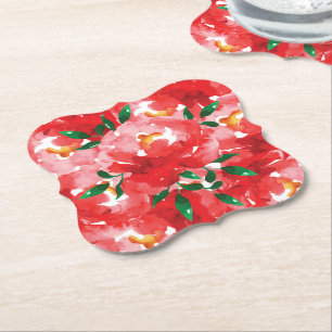 Red Roses Floral Pattern Paper Coaster
