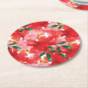 Red Roses Floral Pattern Round Paper Coaster