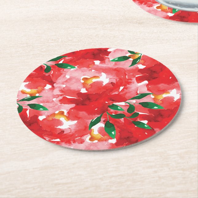 Red Roses Floral Pattern Round Paper Coaster (Angled)