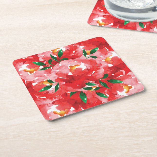 Red Roses Floral Pattern Square Paper Coaster (Angled)