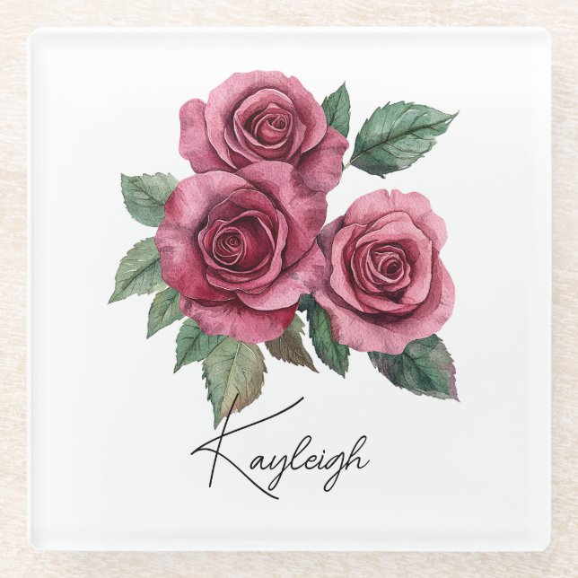 Red Roses Floral Personalized Glass Coaster (Front)