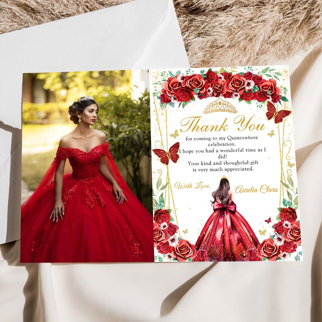 Red Roses Floral Princess Quinceañera Photo Thank You Card (Creator Uploaded)