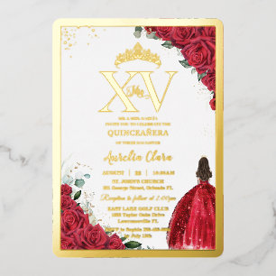 Red Roses Floral Quinceañera Quince 15 XV Gold