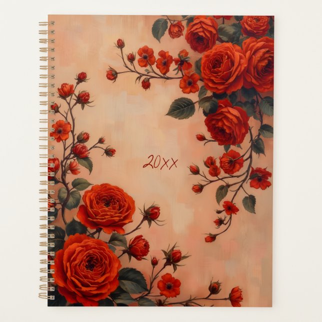 Red Roses Floral Spiral-bound Botanical Print Planner (Front)